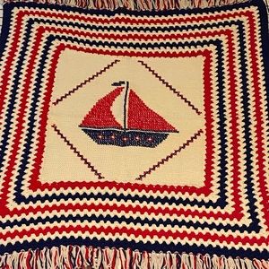 Cute Crochet Sail Boat Red White Blue Quality Handmade Baby Blanket